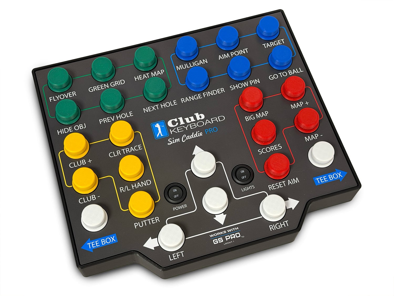 Club Keyboard Pro Series control box in Cart Path Gray, twenty-eight backlit buttons, studio view