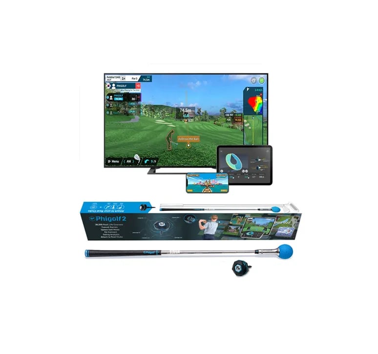 Phigolf 2 swing stick with its sensor, shown beside a screen running the Phigolf app