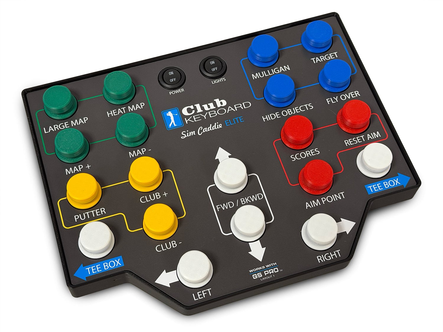 Club Keyboard Elite Series control box in Cart Path Gray, twenty backlit buttons, studio view