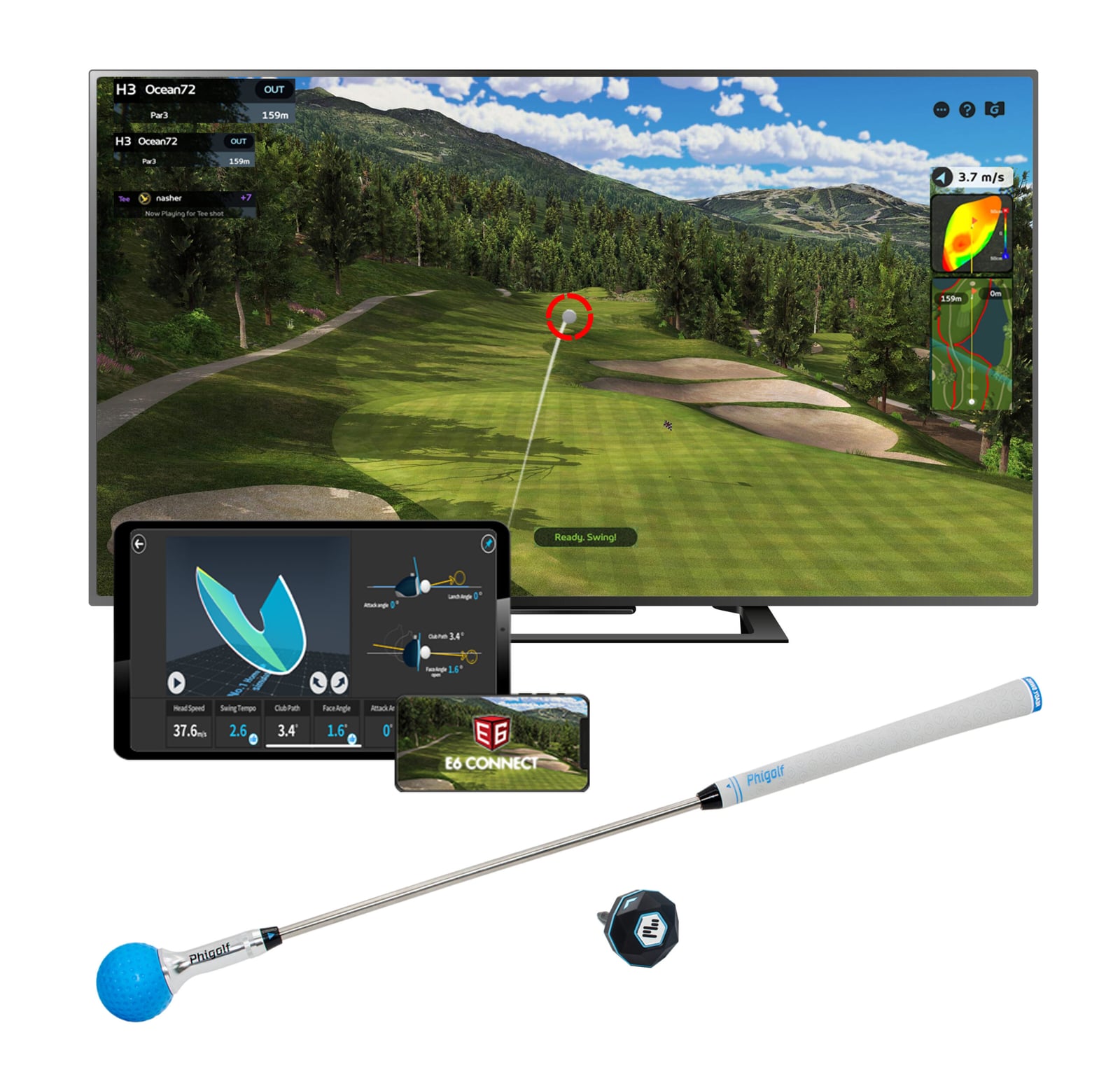 Phigolf2 Flex swing trainer in front of a television running the Phigolf simulation