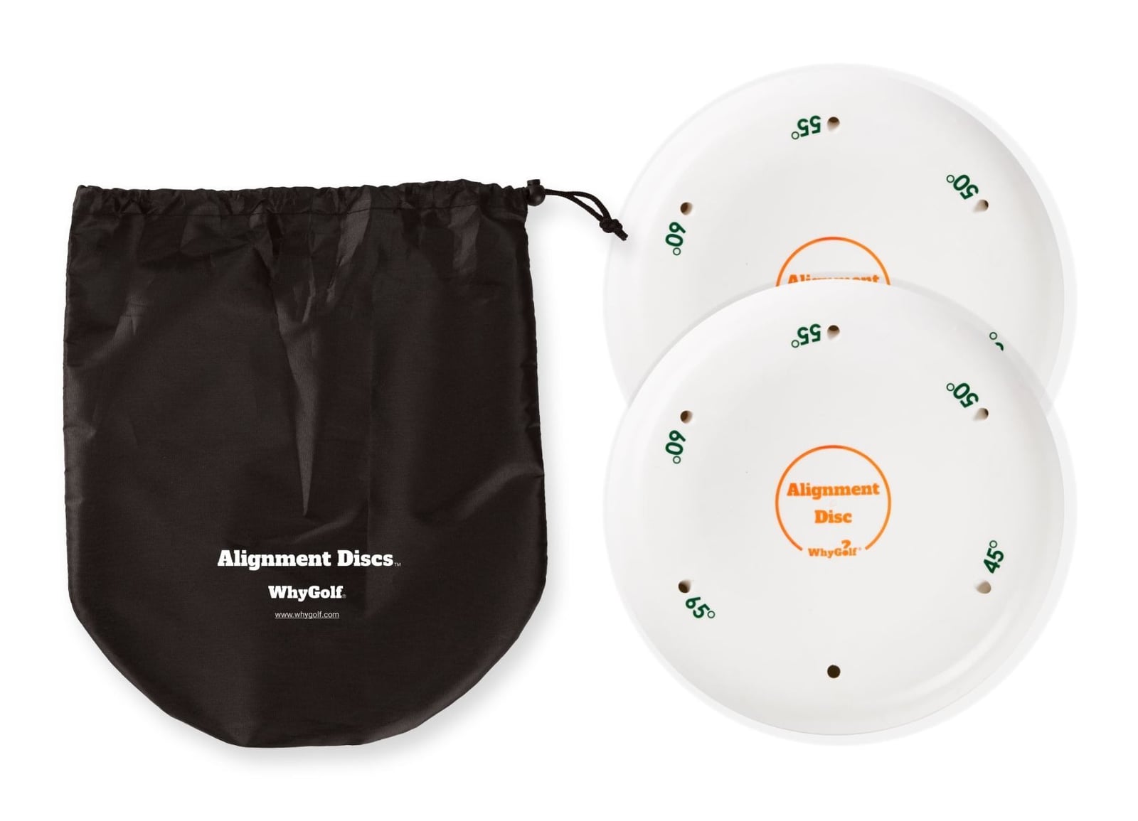 WhyGolf Alignment Discs, two discs with angle markings and the travel bag, studio view on white