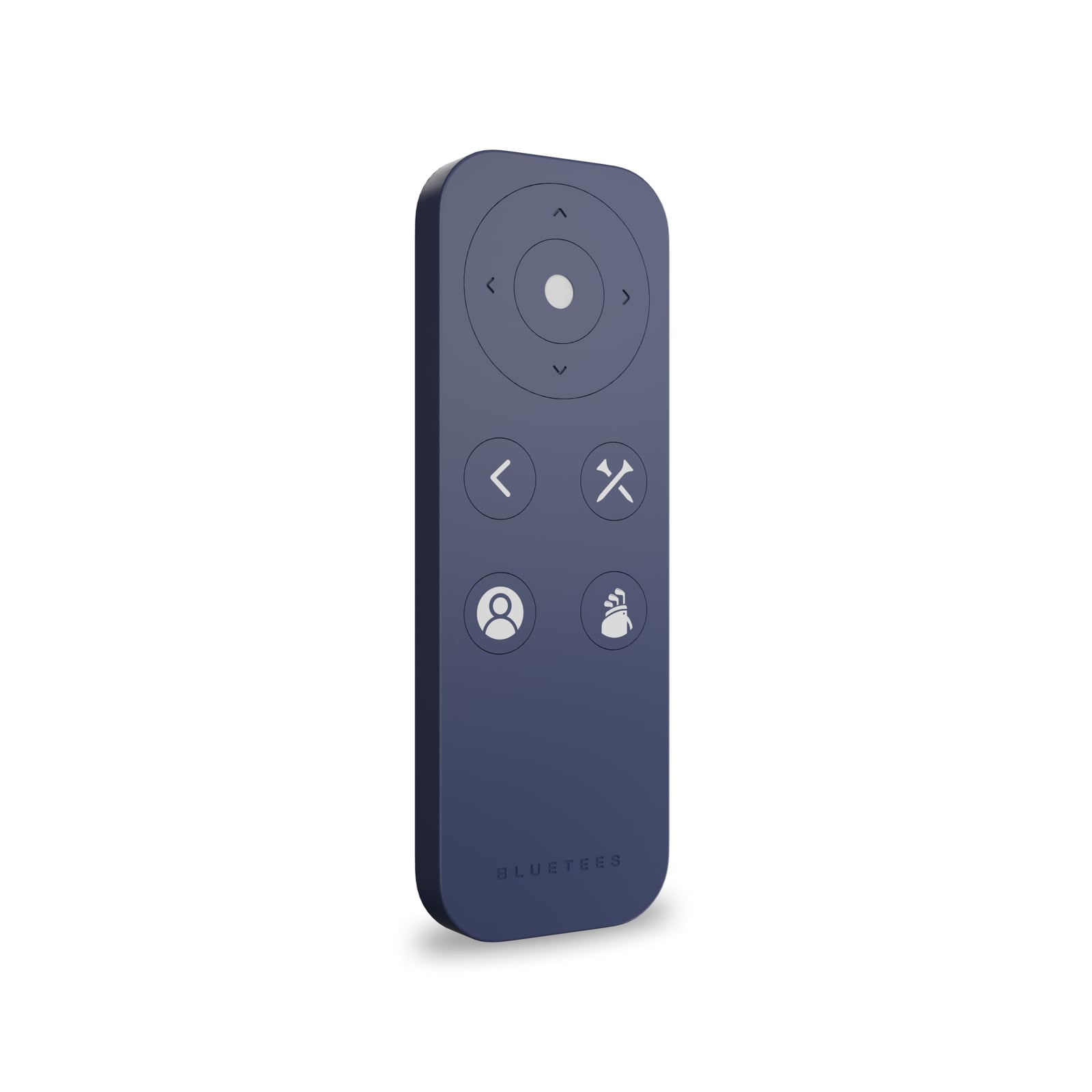 Navy handheld remote control for the Blue Tees Golf Rainmaker launch monitor