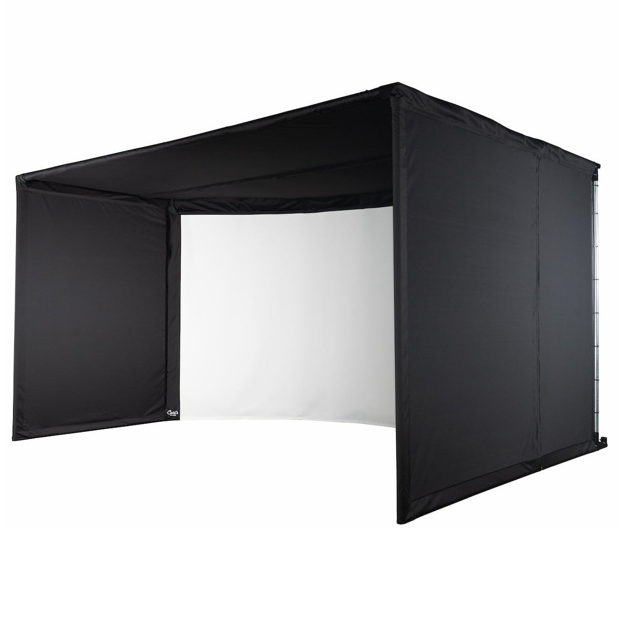 Carl's Place curved simulator enclosure, product view on white with a blank impact screen