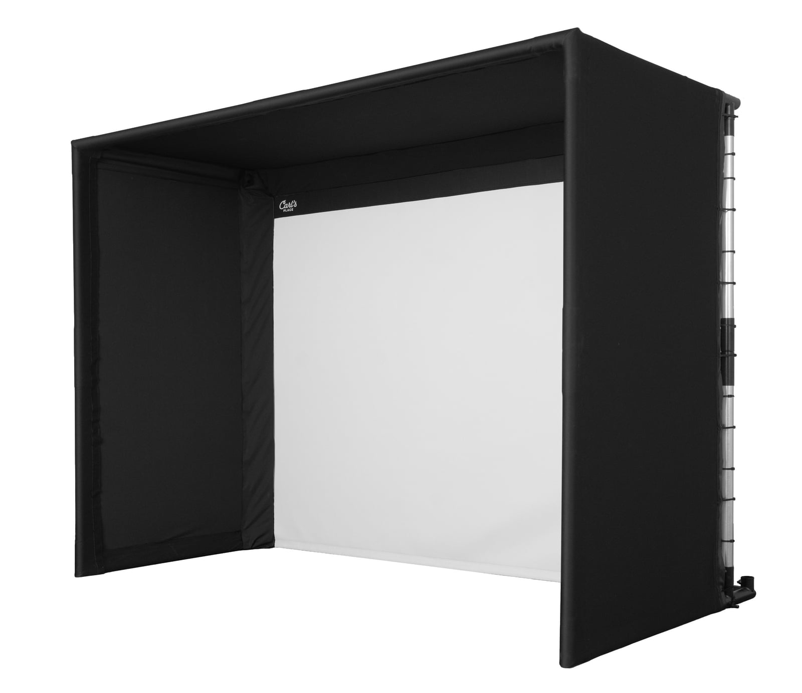 Carl's Place Pro simulator enclosure, three-quarter product view on white with a blank impact screen