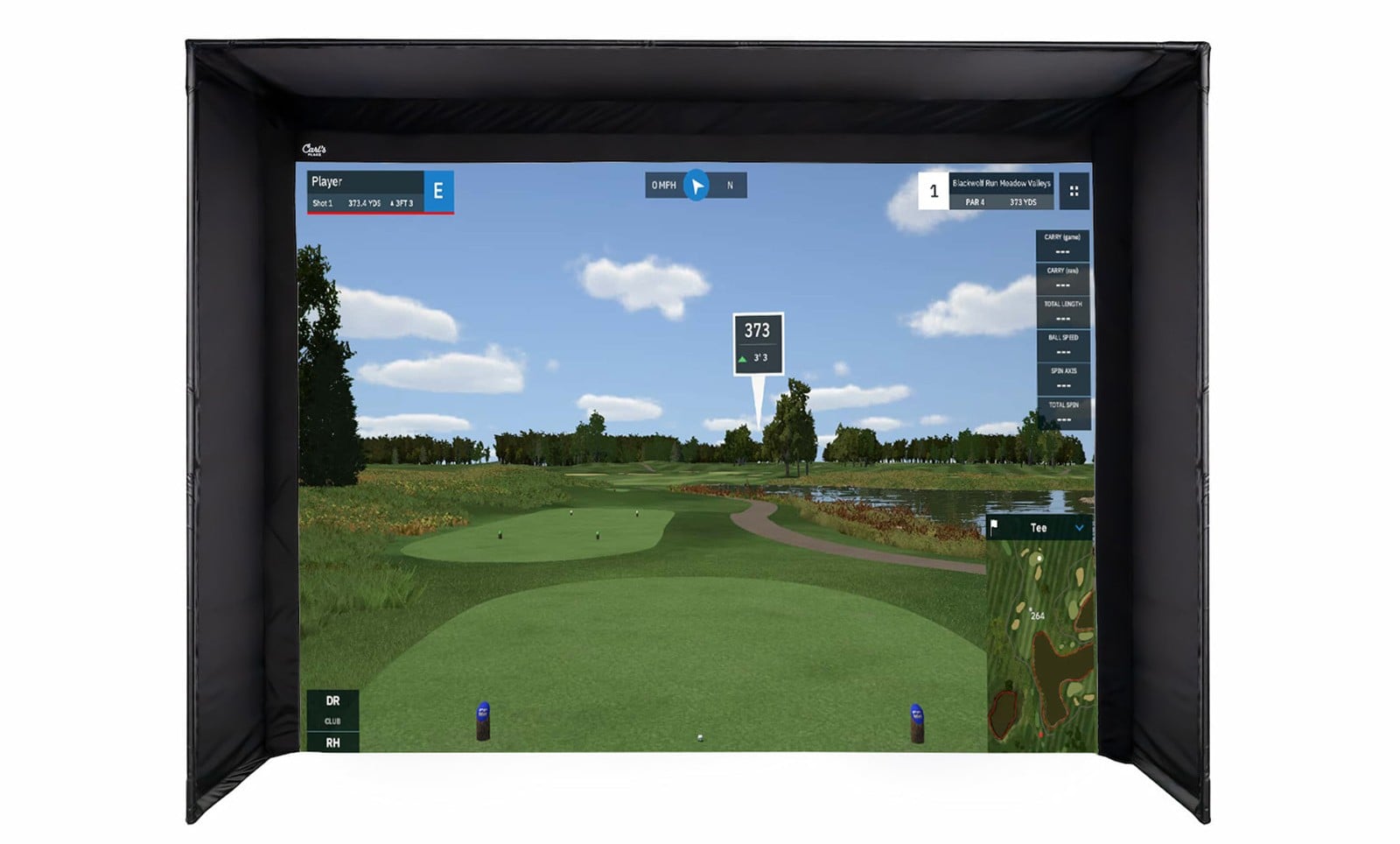 Carl's Place DIY simulator enclosure, product view on white with a golf course projected on the screen