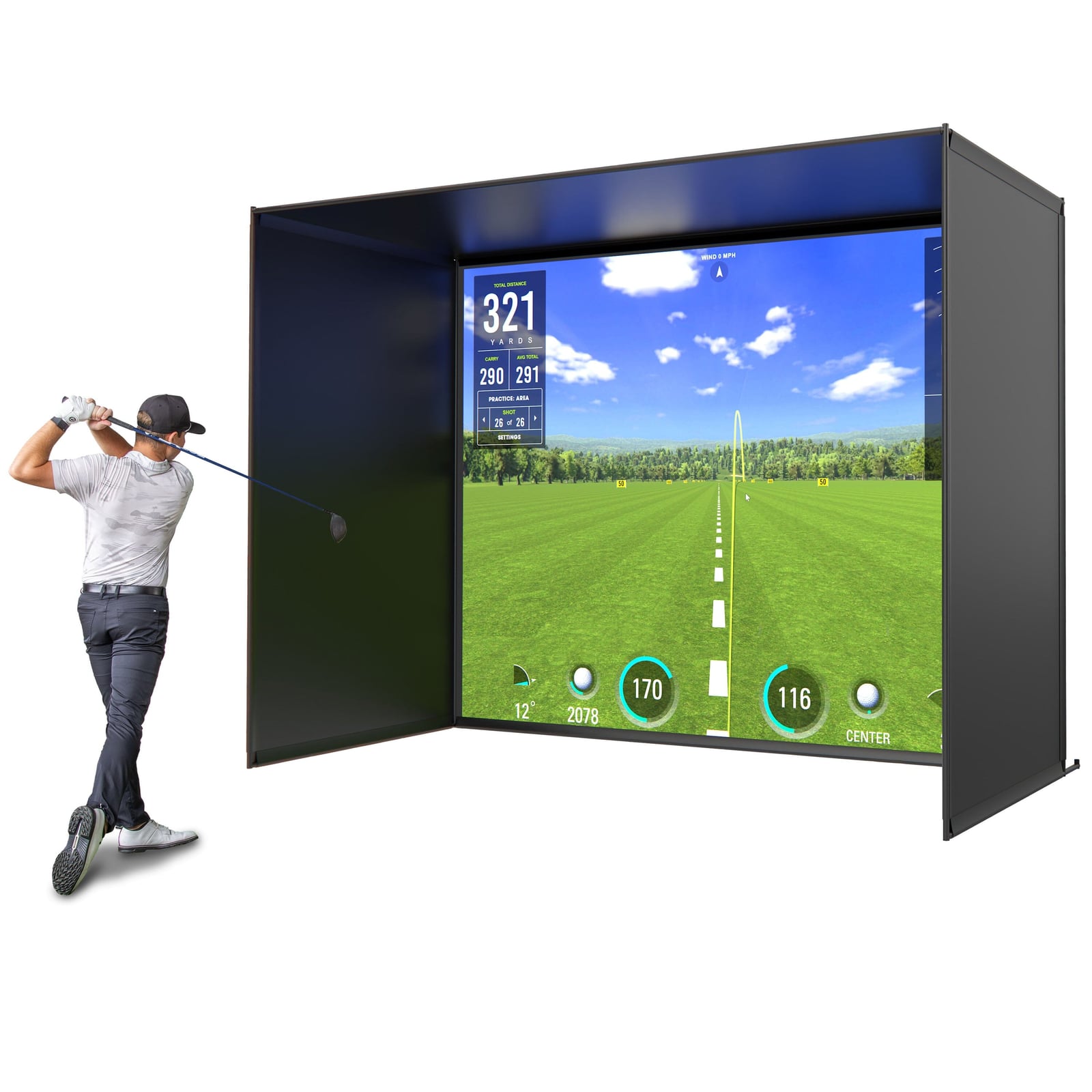 GoSports golf simulator enclosure in use, golfer mid-swing beside the frame and impact screen