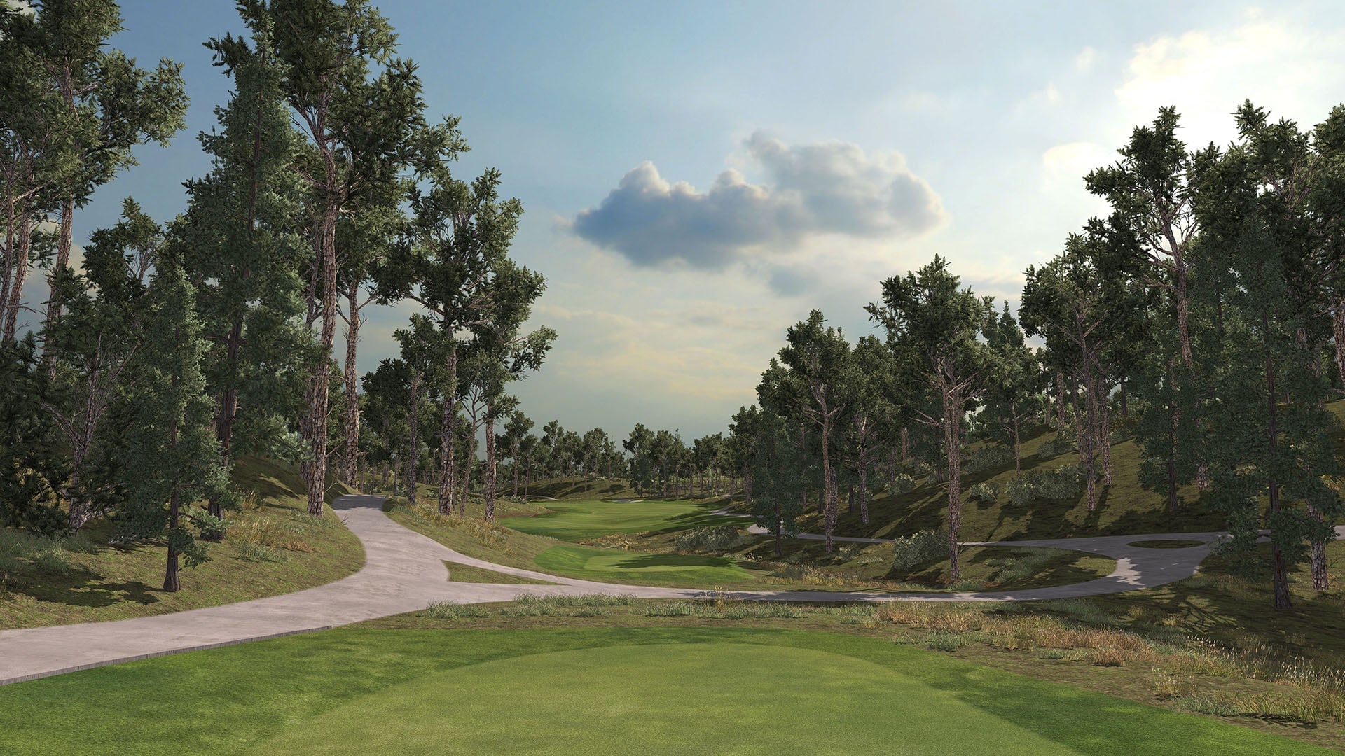 course view - pine-lined fairway with cart path, no HUD