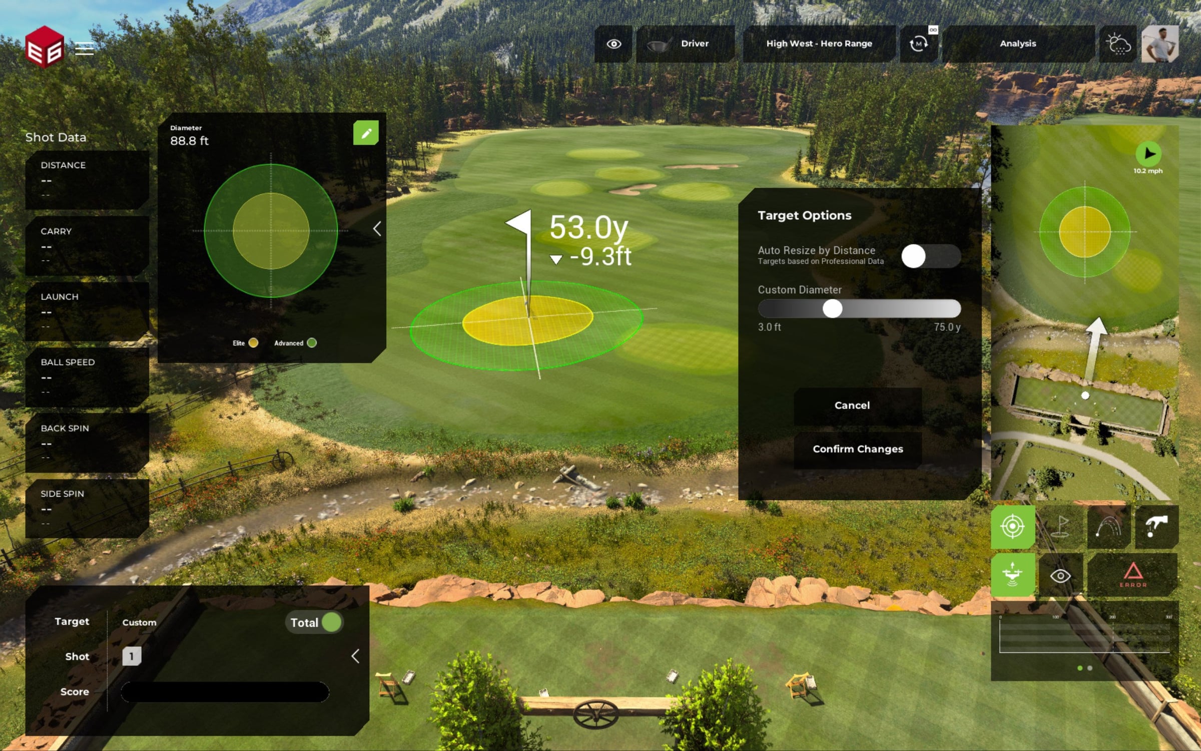 in-game UI over course - Target Options panel, shot-data column, mini-map, aim controls