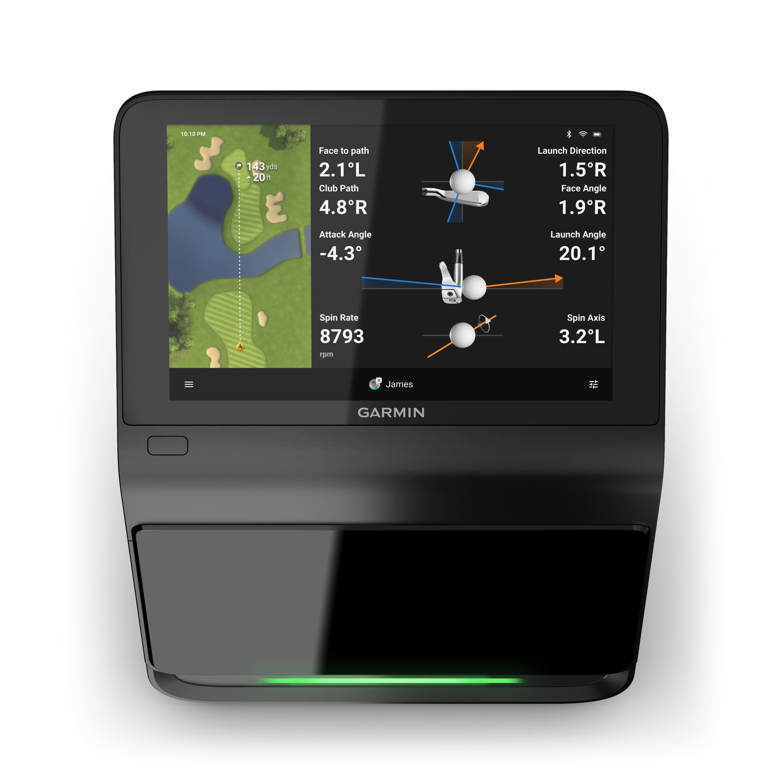 Garmin Approach R50 launch monitor with its built-in display, front-raised view