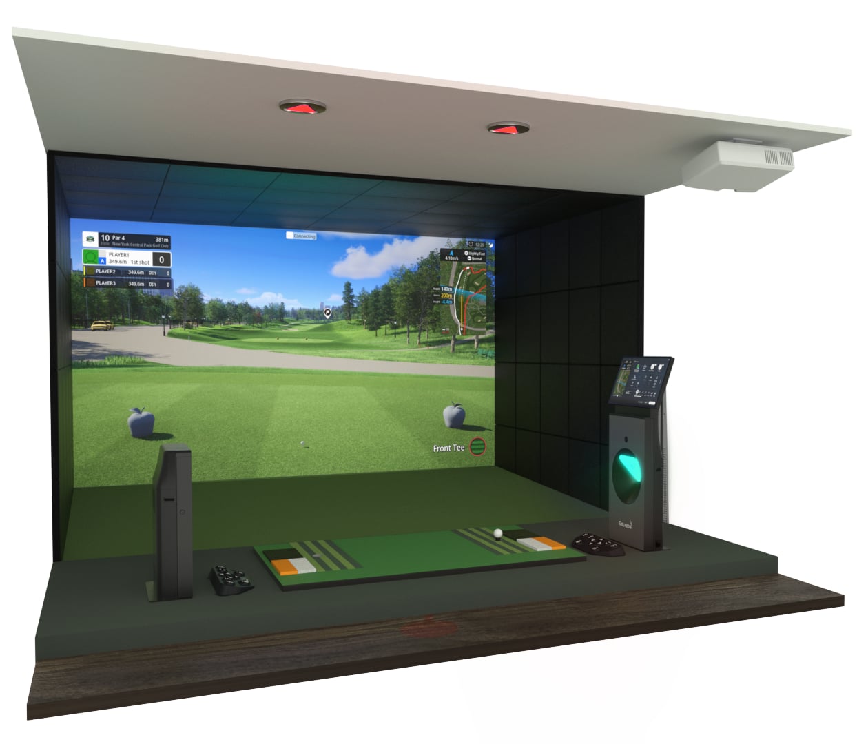 Golfzon TwoVision NX simulator bay, studio render of the complete bay hardware isolated on a transparent background