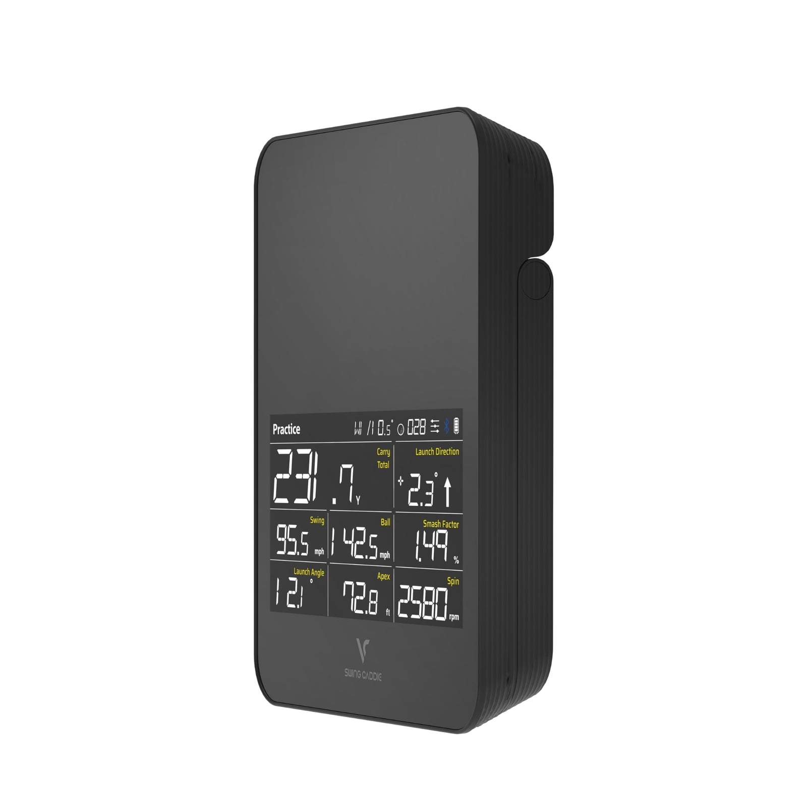 Voice Caddie Swing Caddie SC4 Pro launch monitor, side view with display