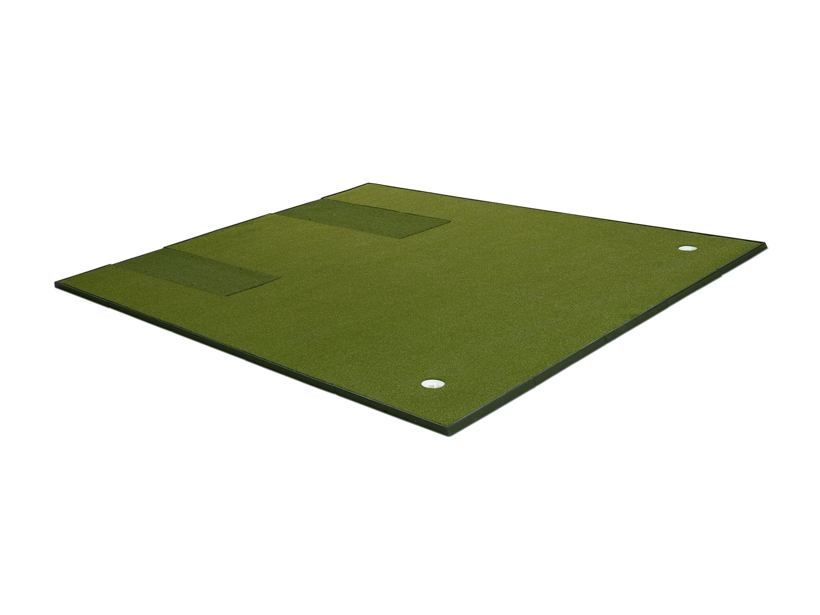 Fiberbuilt Player Preferred Double-Hitting Combo golf mat with putting green, flat-lay on white
