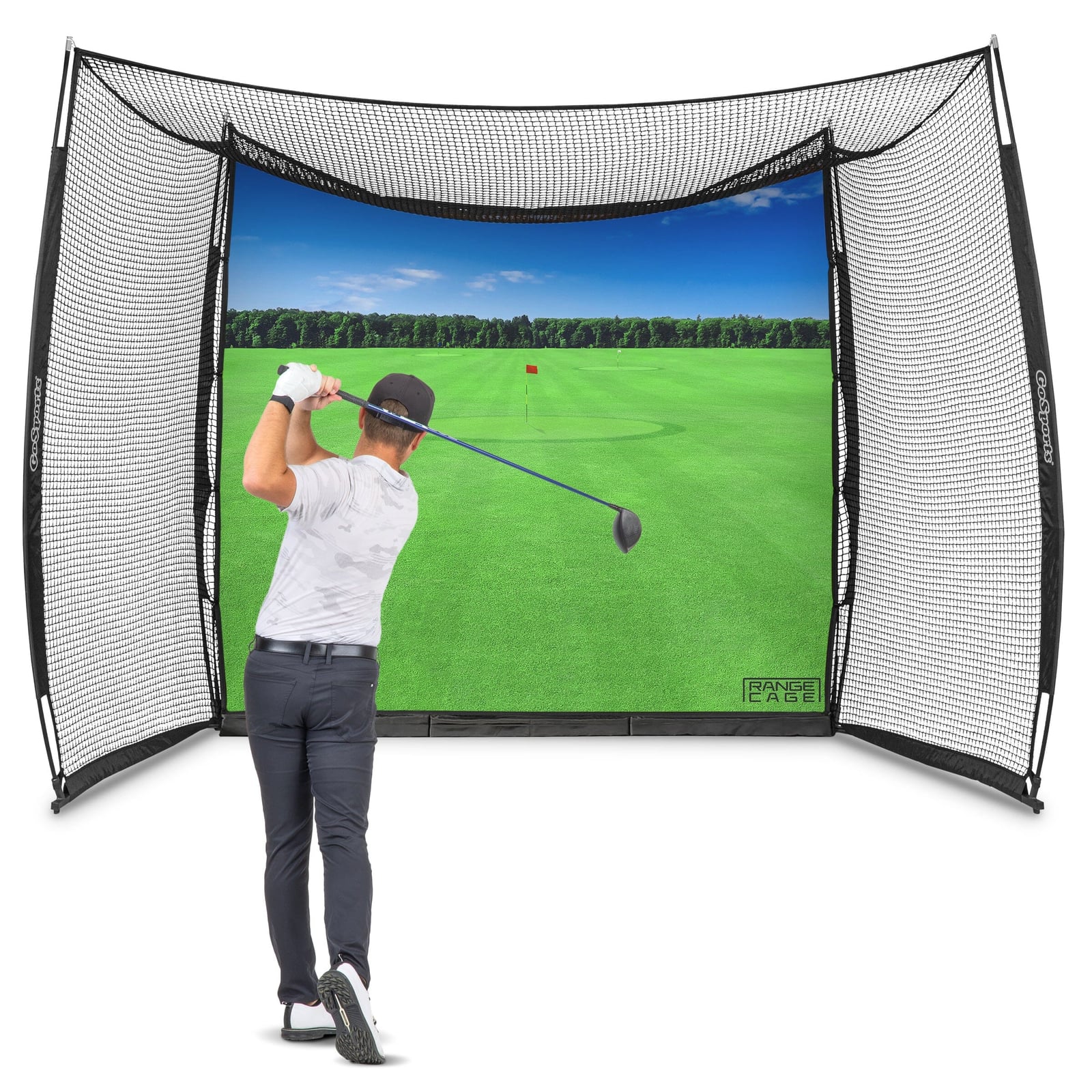 GoSports Range Cage 10 x 8 ft with printed driving-range graphics, golfer mid-swing