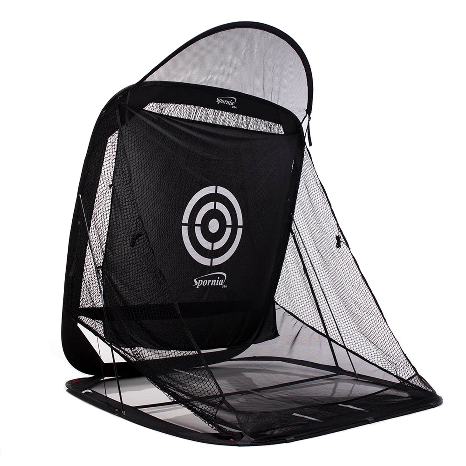Spornia SPG golf practice net with target panel and roof canopy, on white