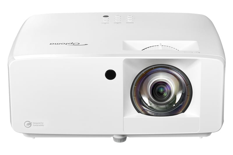Optoma ZH451ST short-throw laser projector, white chassis, three-quarter product view on white
