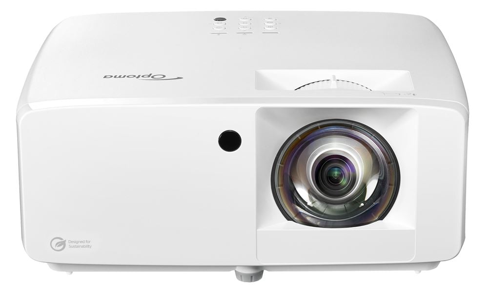 Optoma GT2100HDR short-throw projector, white chassis, three-quarter product view on white