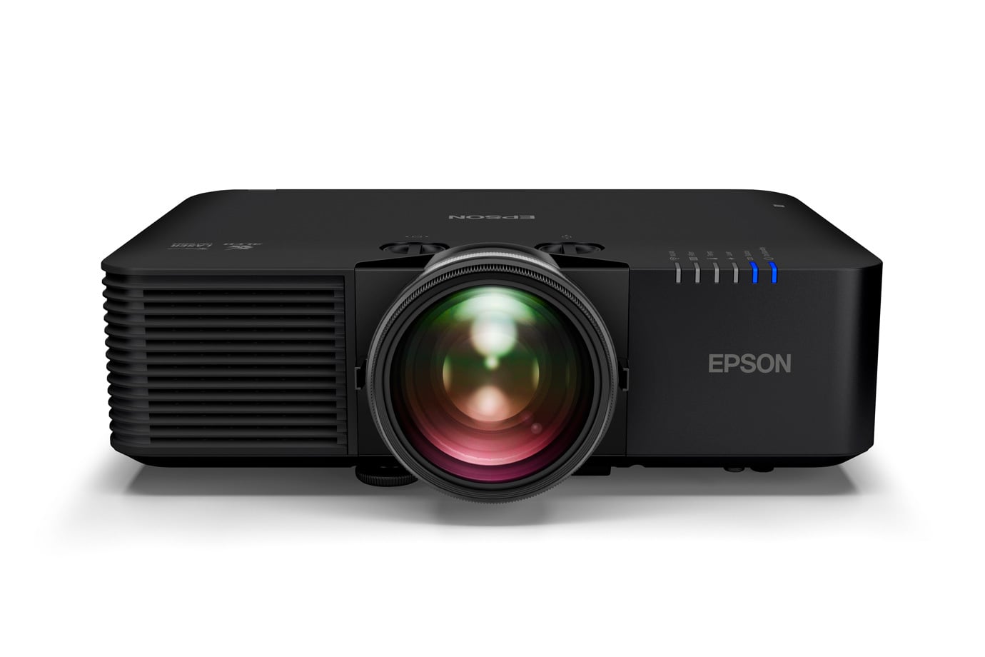 Epson L695SE laser projector, black chassis, three-quarter product view on white