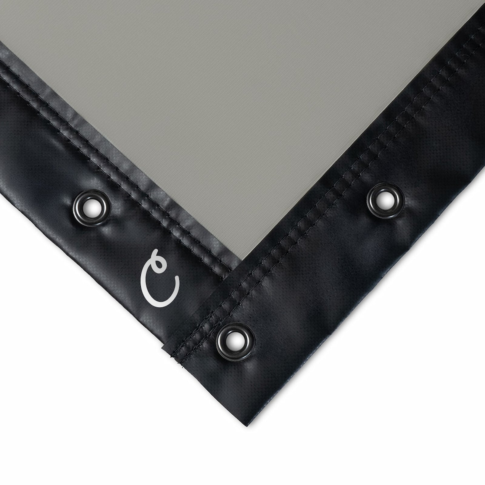 Carl's Place high-contrast gray impact screen corner, grey surface with black vinyl trim and grommets