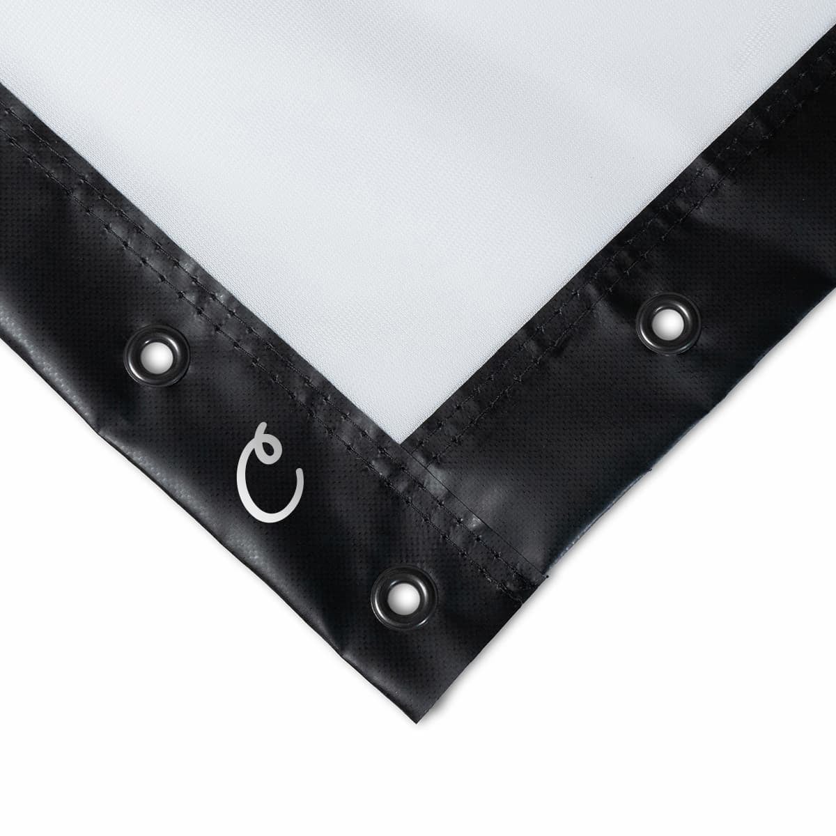 Carl's Place preferred impact screen corner, white surface with black vinyl trim and grommets