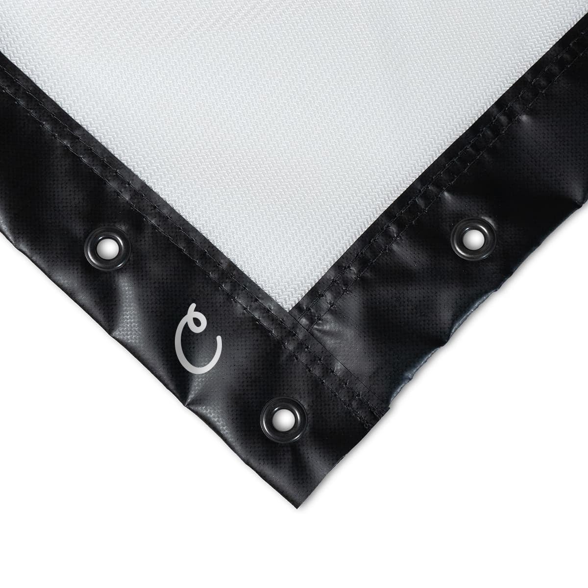 Carl's Place standard impact screen corner, white surface with black vinyl trim and grommets