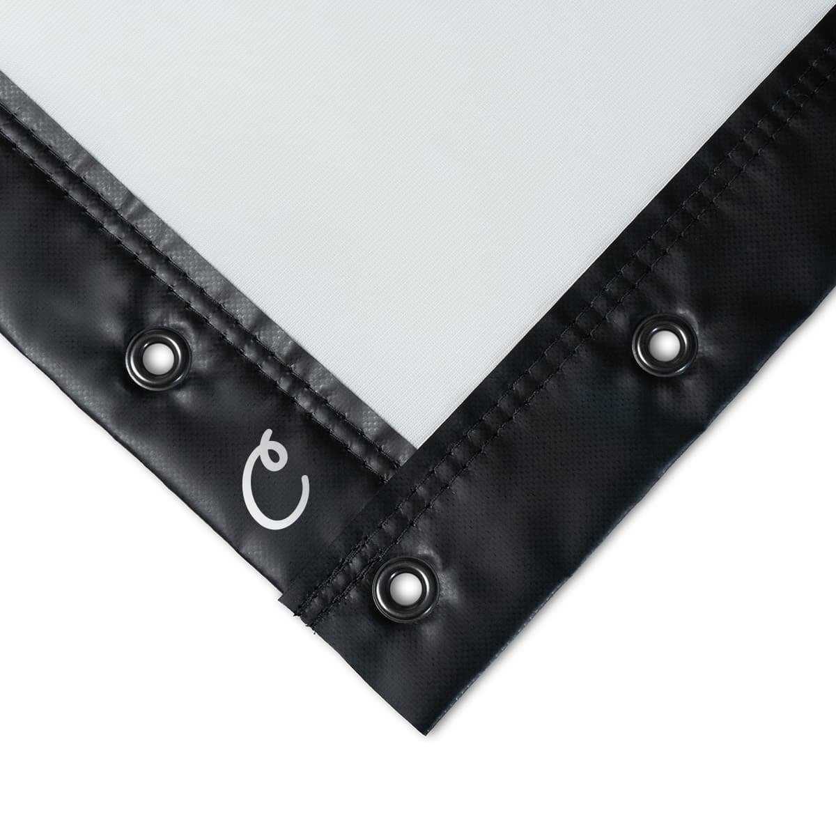Carl's Place premium impact screen corner, white surface with black vinyl trim and grommets