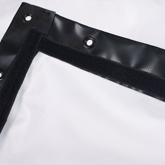 SIG Preferred impact screen corner, white screen face with black vinyl trim, velcro and grommets